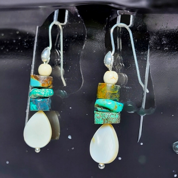 Handmade Sterling Silver Hook Earrings with Turquoise and Mother of Pearl Beads - Picture 2 of 5